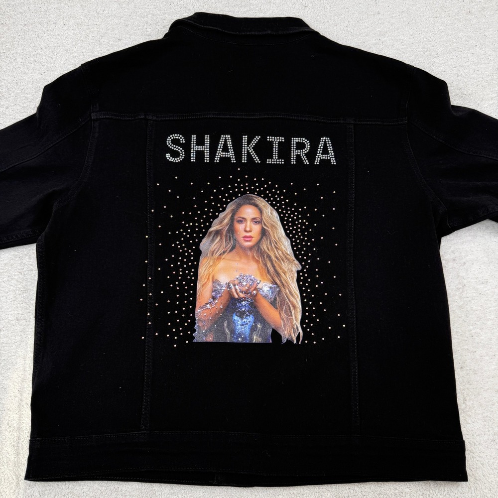 Legend Men Shakira Graphic Rhinestone Black Denim Trucker Jacket LG-MAN K205-B L
